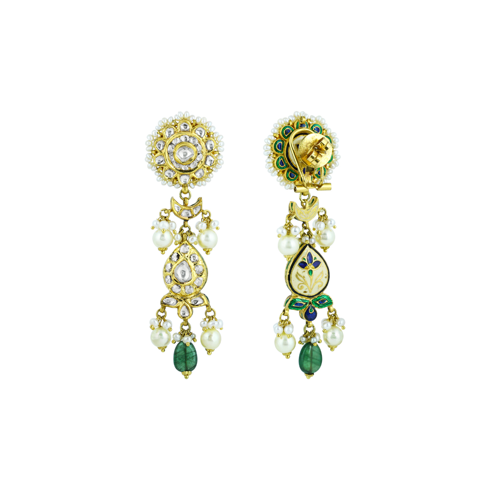Polki Necklace Set with Emerald Drops and Pearl Strands